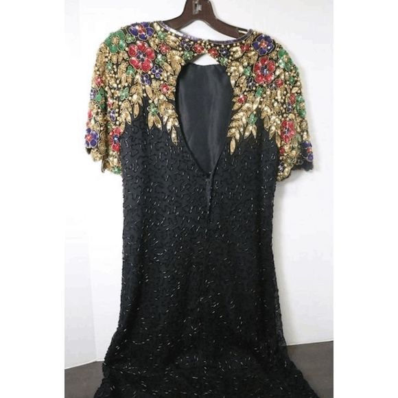 STENAY 🐾 Vintage Silk Bead Sequin Pearls Dress Black Floral Leaf Gold Metallic - Picture 6 of 6